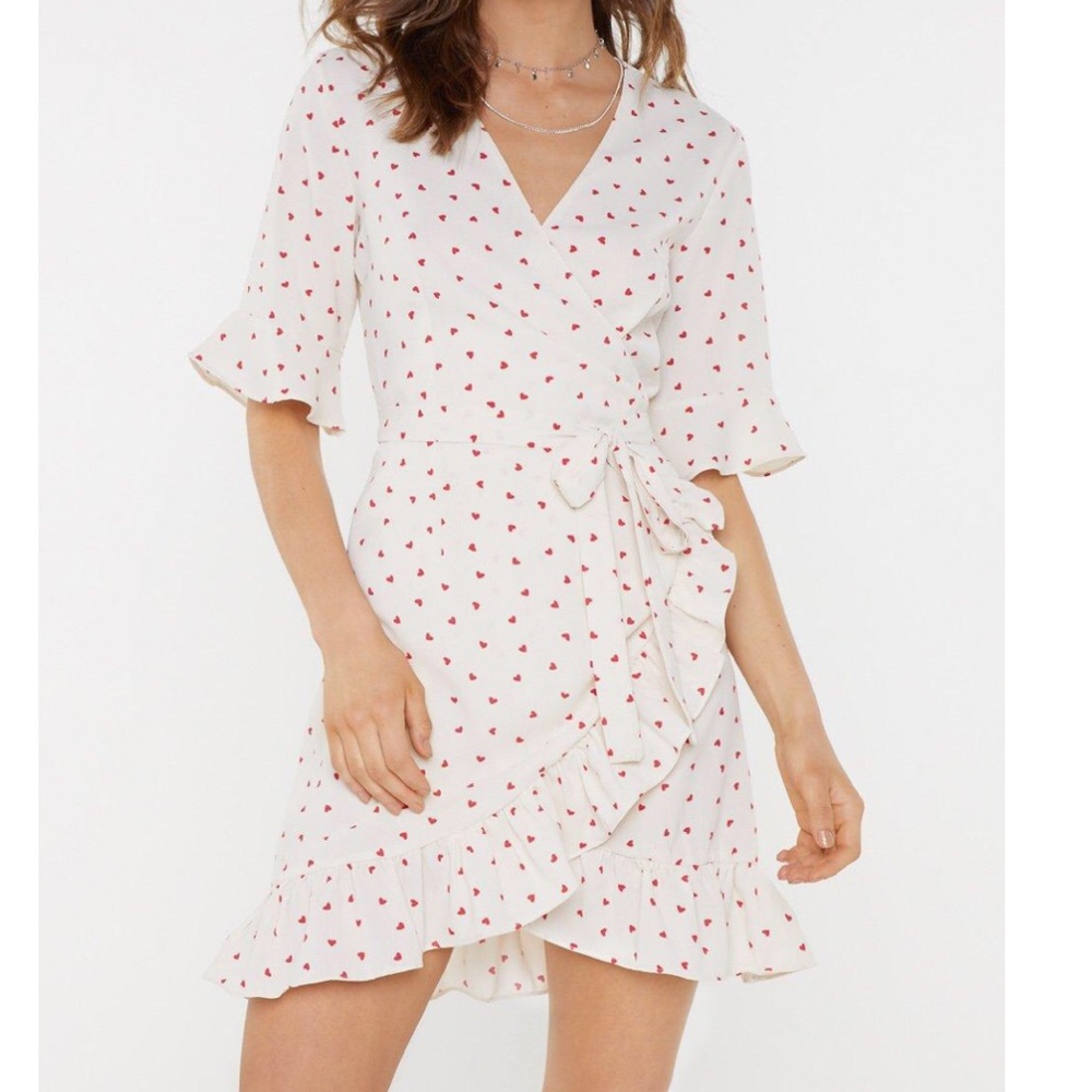 White wrap dress with red hearts NWT size small